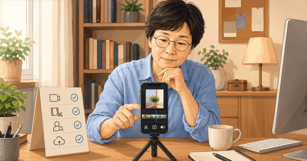 40·50·60대 컴퓨터 초보자가 스마트폰으로 유튜브 쇼츠 촬영과 편집에 필요한 기술을 확인하는 모습