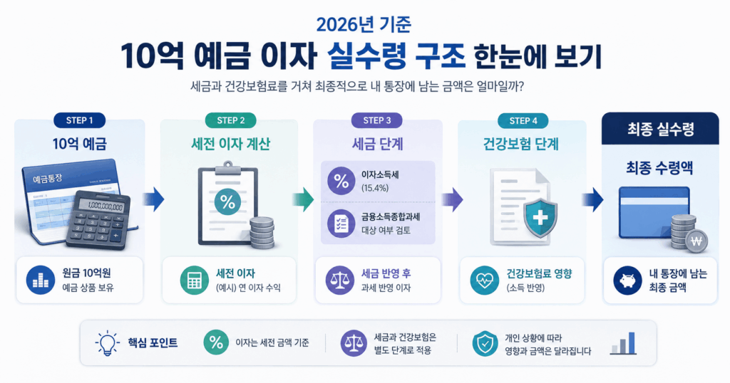 10억 원 예금의 세금과 건강보험료를 거쳐 실수령 구조를 비교한 2026년 금융 인포그래픽