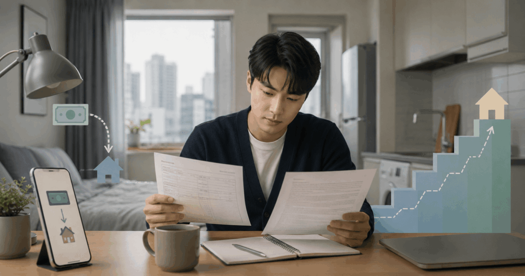 2027 청년월세지원 중위소득 100% 정부안과 2026 현행 소득 기준을 비교하는 청년 주거비 지원 이미지