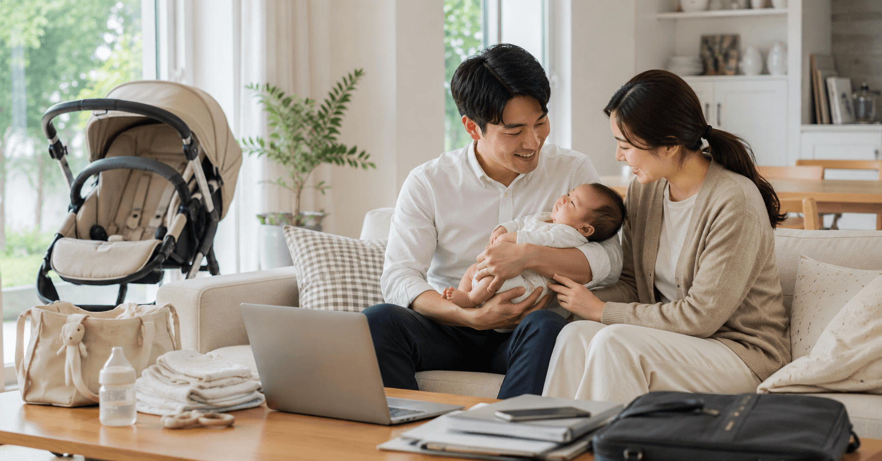 출산한 아기를 안고 함께 시간을 보내는 직장인 부모와 육아용품이 놓인 가정의 모습