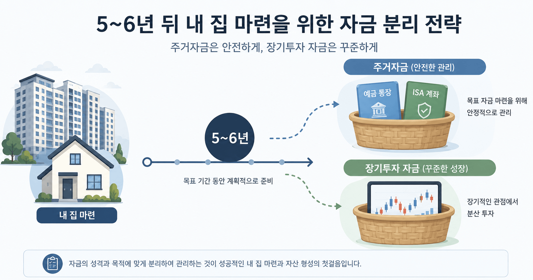 5~6년 뒤 집 마련을 위해 주거자금과 장기 주식투자 자금을 분리해 관리하는 개념 이미지