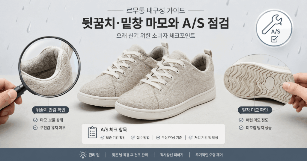 르무통 내구성을 확인하기 위해 운동화 뒤꿈치 안감과 밑창, A/S 항목을 점검하는 이미지