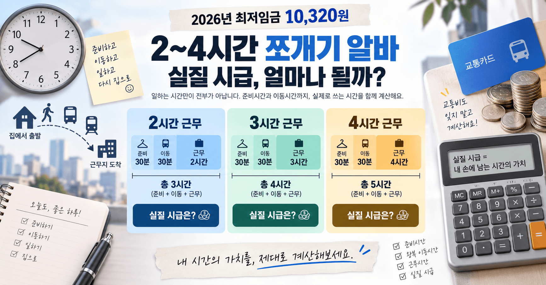 2~4시간 쪼개기 알바, 출퇴근 시간까지 넣으면 실질 시급은 얼마일까? 2026년 계산법