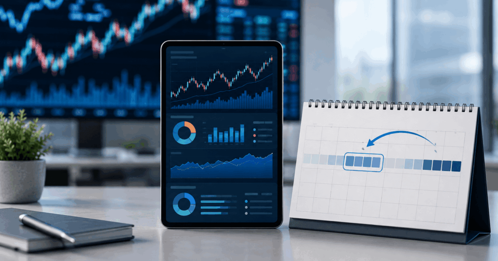 미국 S&P500 커버드콜 ETF의 월말 분배 일정이 월중으로 이동하는 모습을 달력과 금융 차트로 표현한 이미지